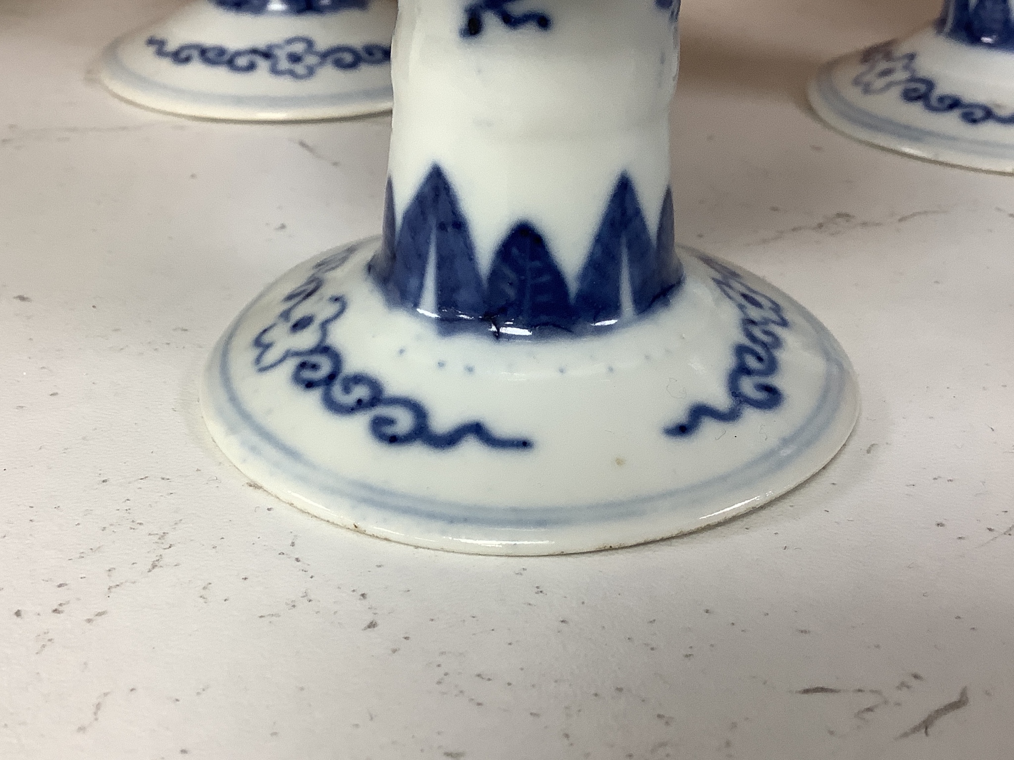 Three Chinese blue and white porcelain stem cups, c.1900, 9.5cm